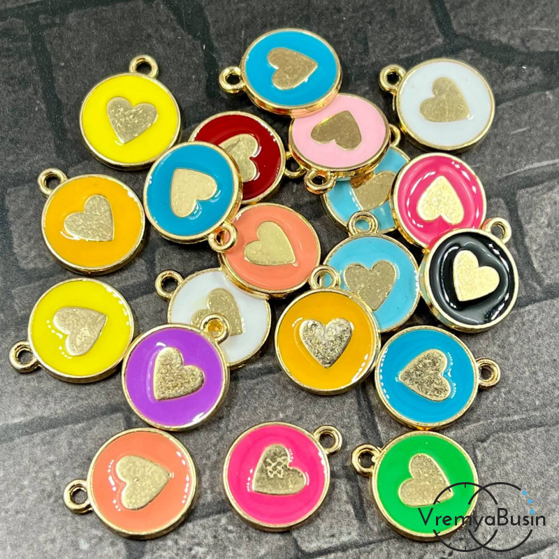 Подвеска с эмалью, медальон с сердечком 12х14 мм, цв. микс (1 шт.)