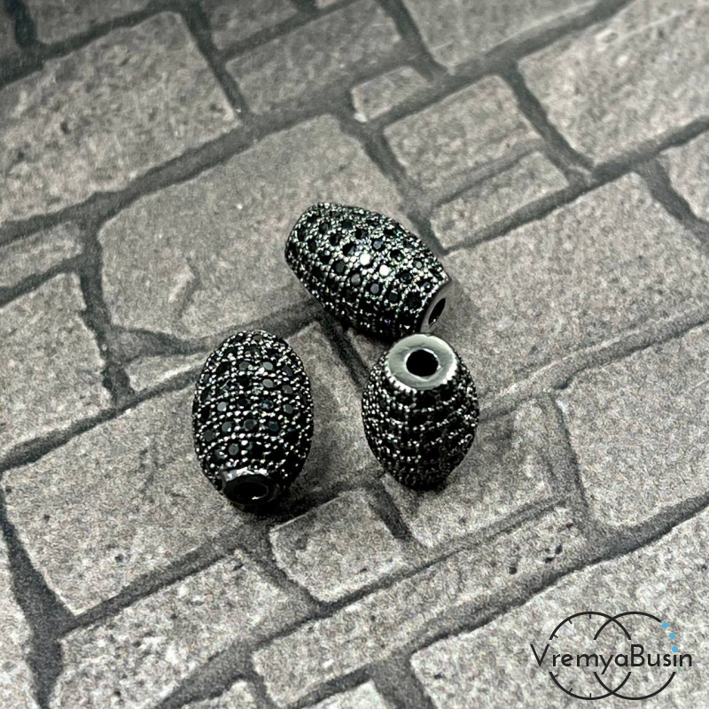 Бусина с фианитами, 8х11 мм, латунь с черным родиевым покрытием (1 шт.)