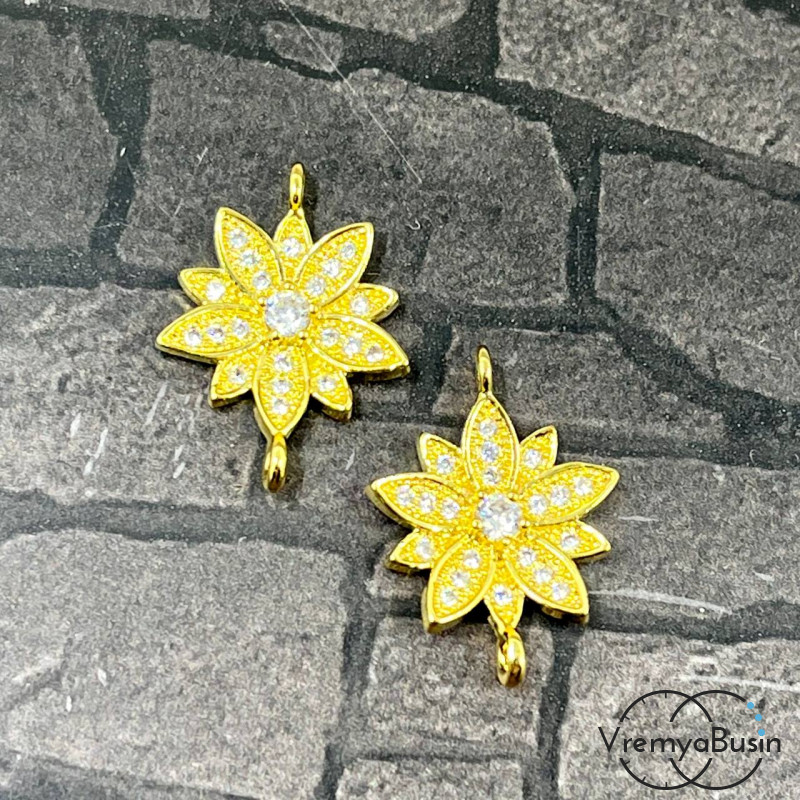 Коннектор с фианитами "Цветок", 15х20 мм, латунь с позолотой (1 шт.)