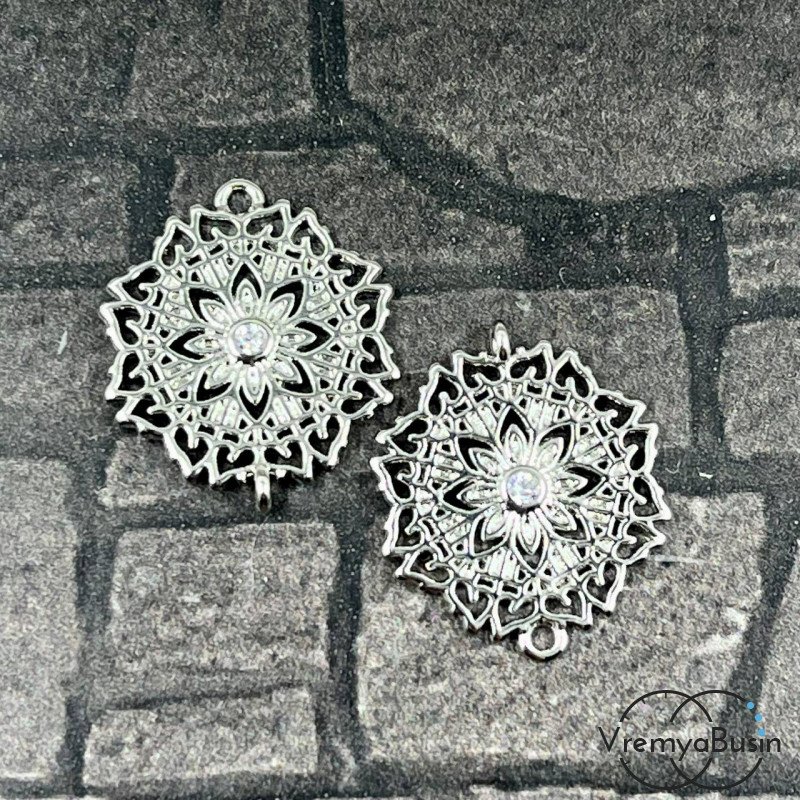 Коннектор с фианитом, 15х17 мм, латунь с родиевым покрытием (1 шт.)