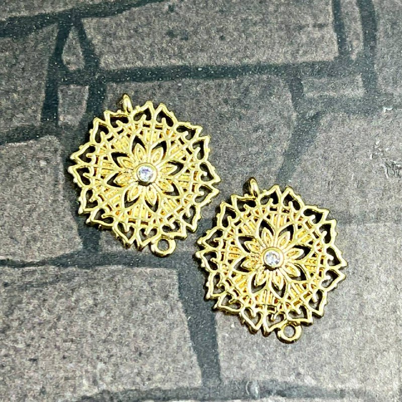 Коннектор с фианитом, 15х17 мм, латунь с позолотой (1 шт.)