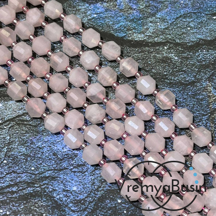 Розовый кварц, бусина граненая призма, ок. 7х8 мм (нить, ок. 38 бусин)