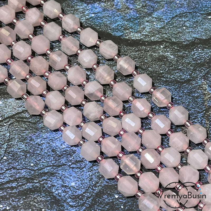 Розовый кварц, бусина граненая призма, ок. 7х8 мм (нить, ок. 38 бусин)