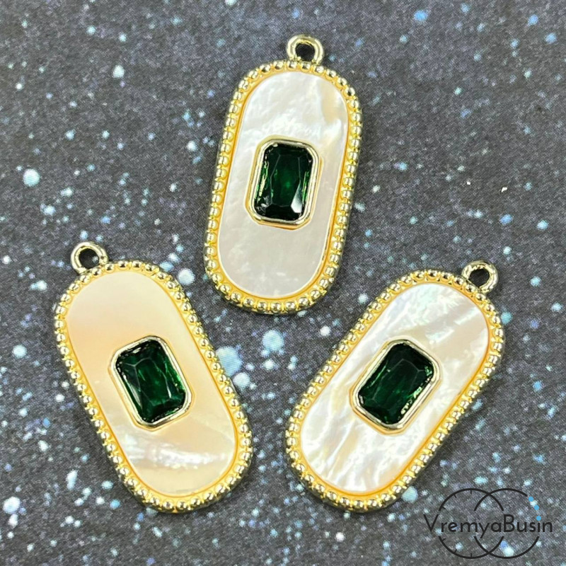 Подвеска с перламутром, 11х22 мм, латунь с позолотой (1 шт.)