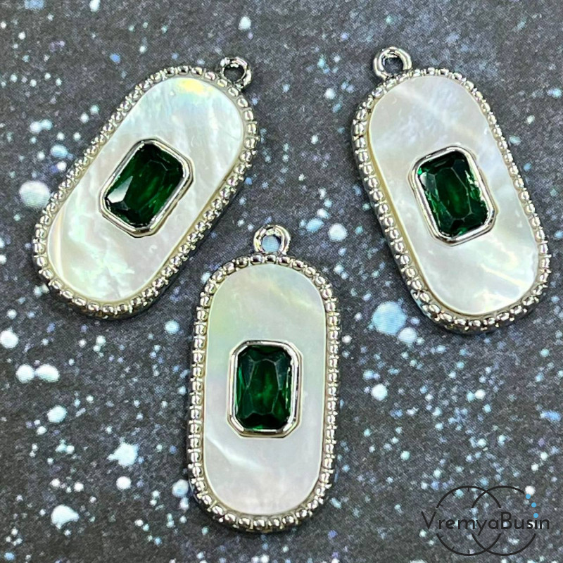 Подвеска с перламутром, 11х22 мм, латунь с родиевым покрытием (1 шт.)