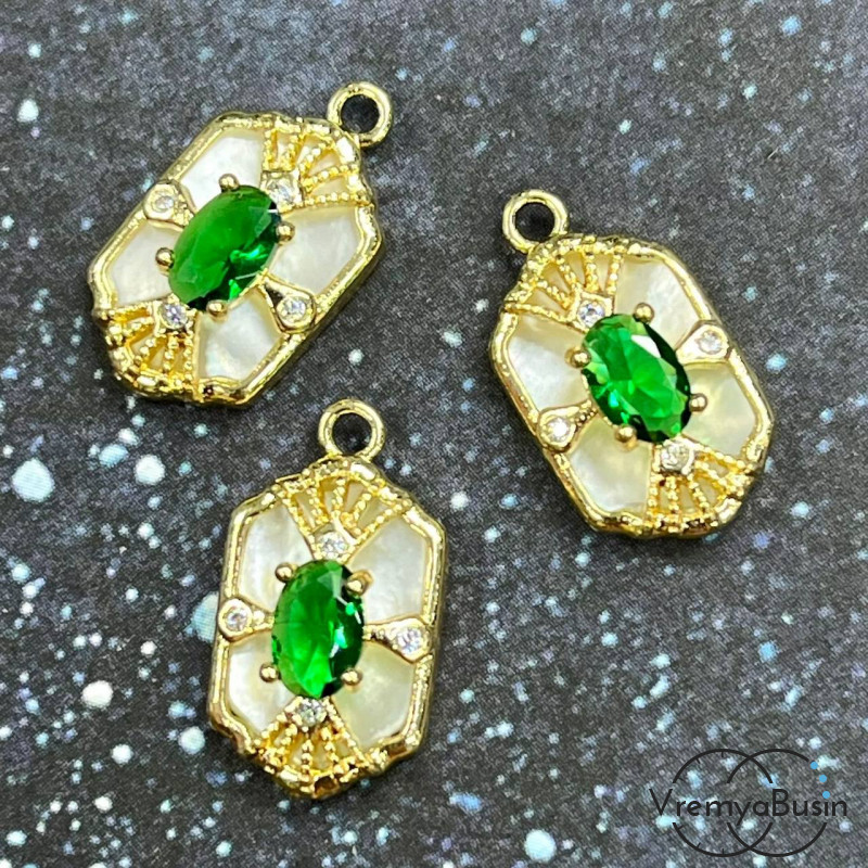 Подвеска с перламутром, 10х17 мм, латунь с позолотой (1 шт.)