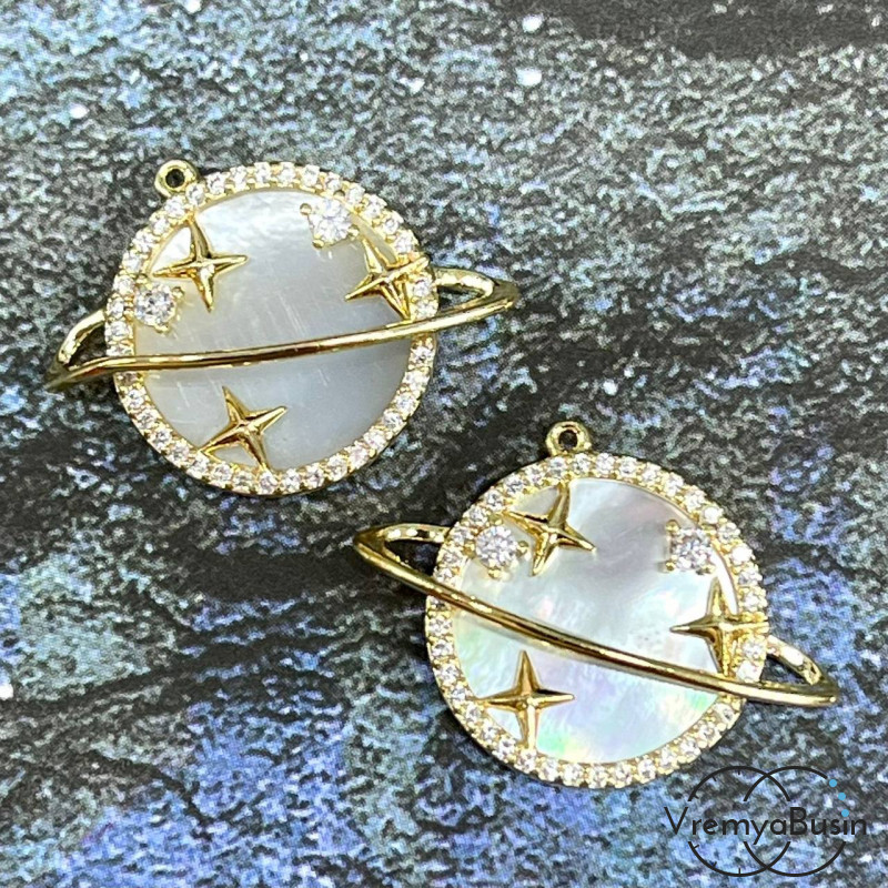 Подвеска с перламутром "Планета", 17х24 мм, латунь с позолотой (1 шт.)