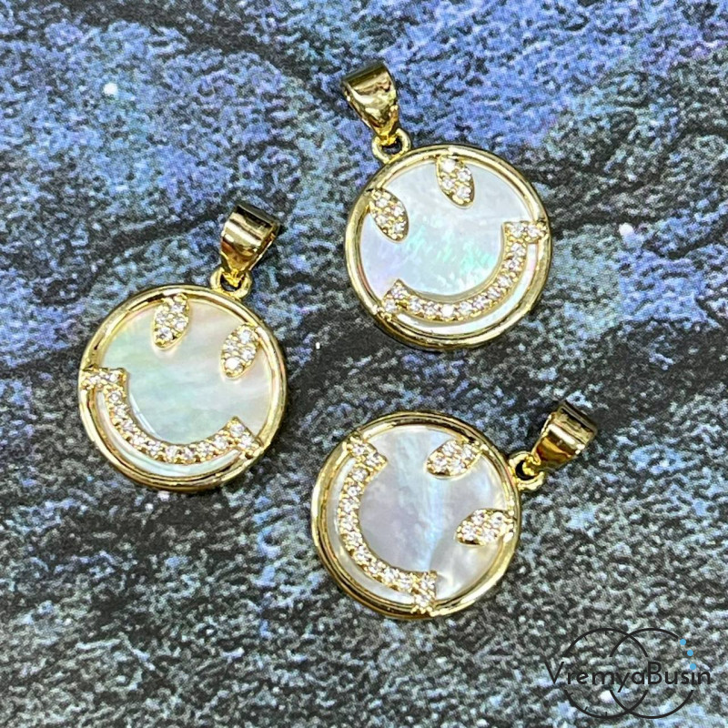 Подвеска с перламутром, смайлик 12 мм, латунь с позолотой (1 шт.)