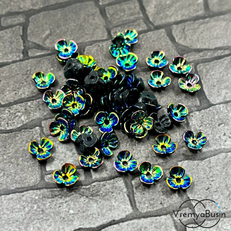 Цветочек из смолы, 6 мм цв. черный с АБ переливом (упак. 10 шт.)