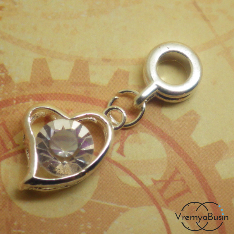 Подвеска в стиле пандора сердечко с кристалликом. Прозрачный