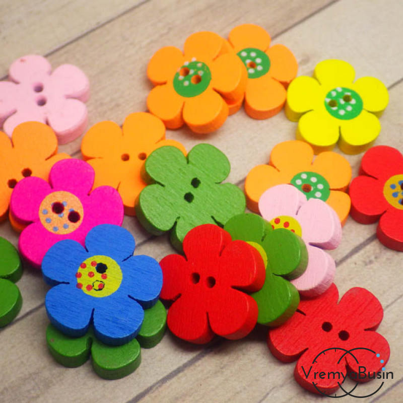 Пуговицы-фигурки деревянные, цветные, цветок (1 шт.)