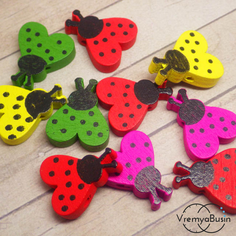 Бусины-фигурки деревянные, цветные, жук (1 шт.)