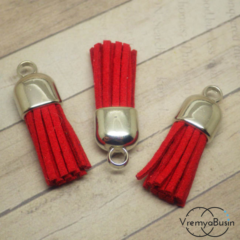 Кисточка из замшевого шнура в серебряной шапочке. Бордовый