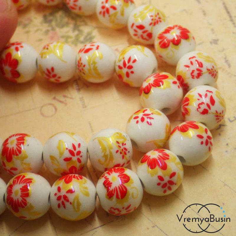 Бусины из фарфора с цветами, шарик 10 мм (1 шт.)