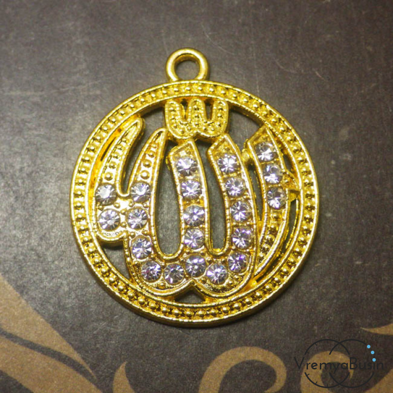 Медальон Аллах. Подвеска со стразами под золото