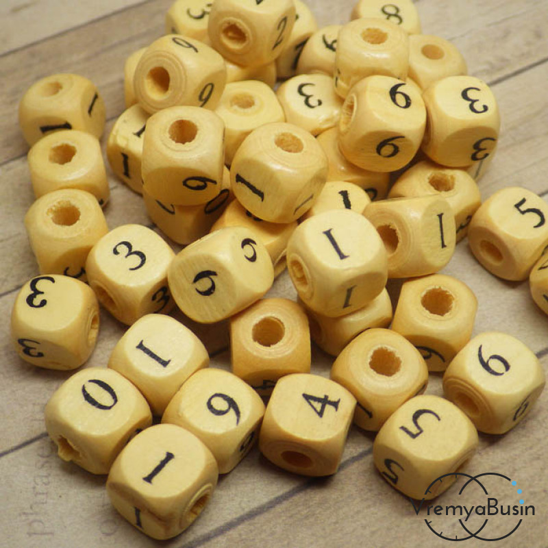 Бусины деревянные с цифрами, кубики 10х10 мм (1 шт.)