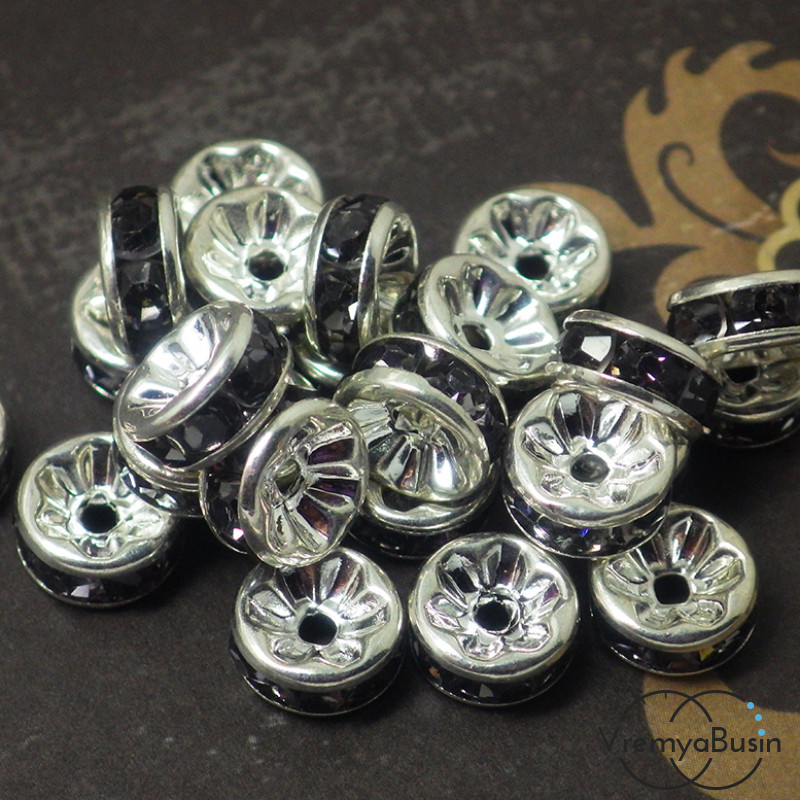 Бусины-разделители со стеклянными стразами. Серый в серебре