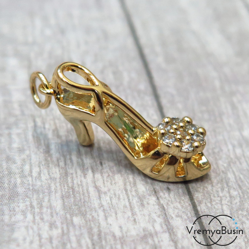 Подвеска с фианитами "Туфелька", латунь с позолотой, 6х20 мм (1 шт.)