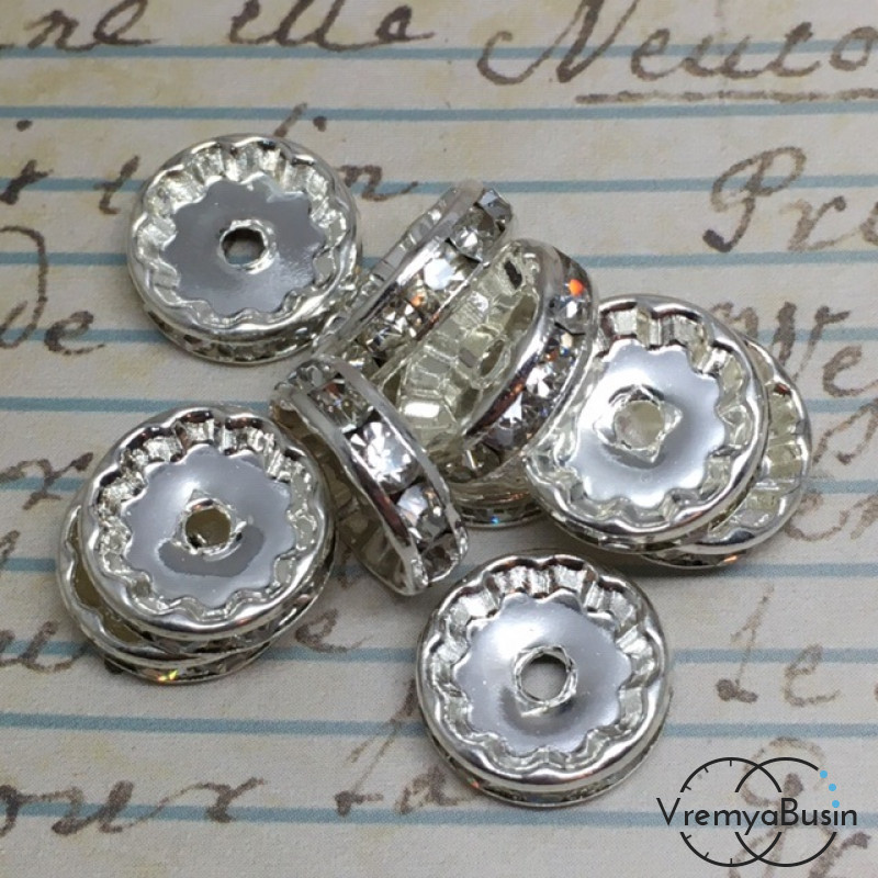 Бусины-разделители со стеклянными стразами, 12 мм, цв. белый в серебре (1 шт)