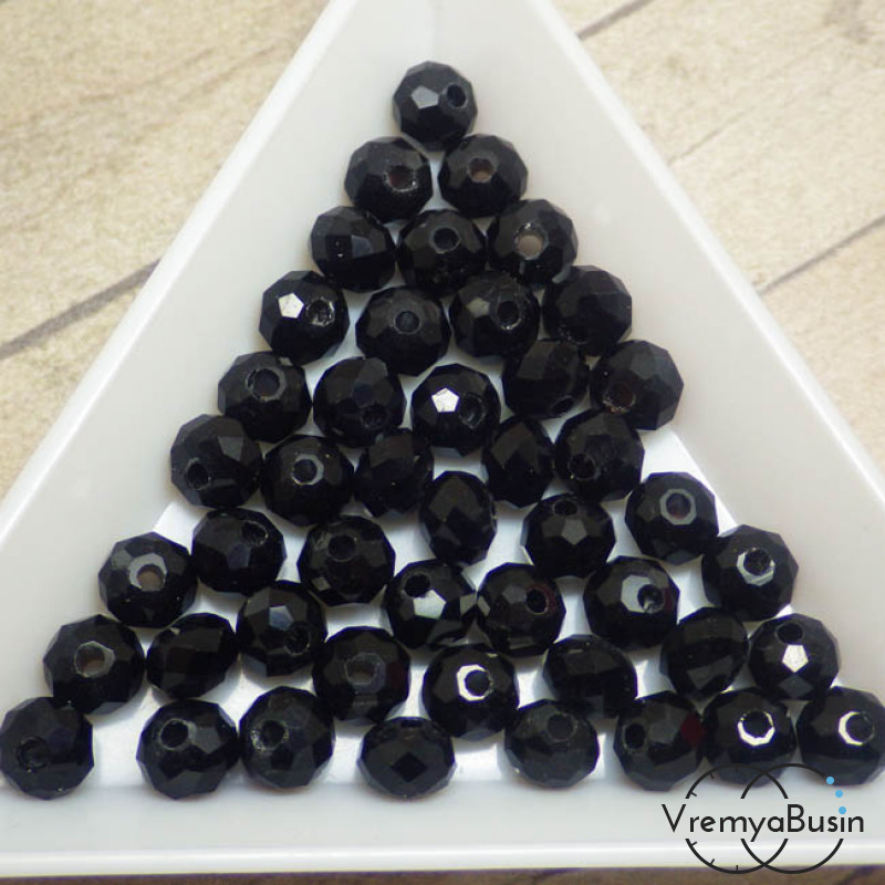 Бусины-рондели из граненого стекла, цвет ЧЕРНЫЙ, размер 6 мм  (упак. 10 шт.)
