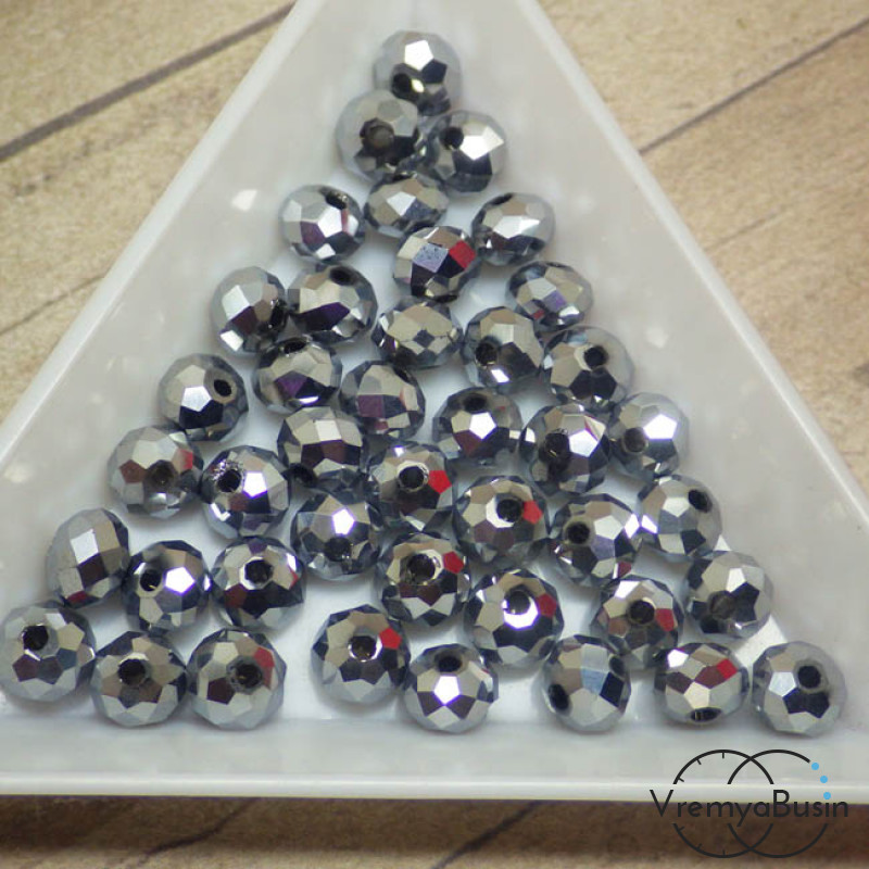 Бусины-рондели из граненого стекла, цвет СЕРЕБРО, размер 6 мм  (упак. 10 шт.)