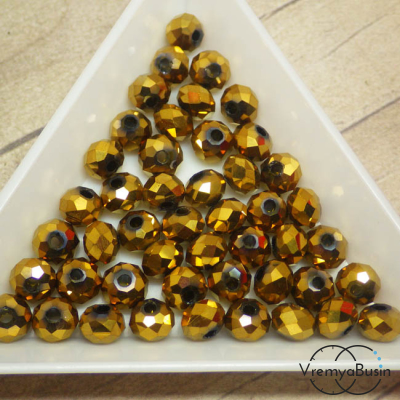 Бусины-рондели из граненого стекла, цвет ЗОЛОТО, размер 6 мм  (упак. 10 шт.)