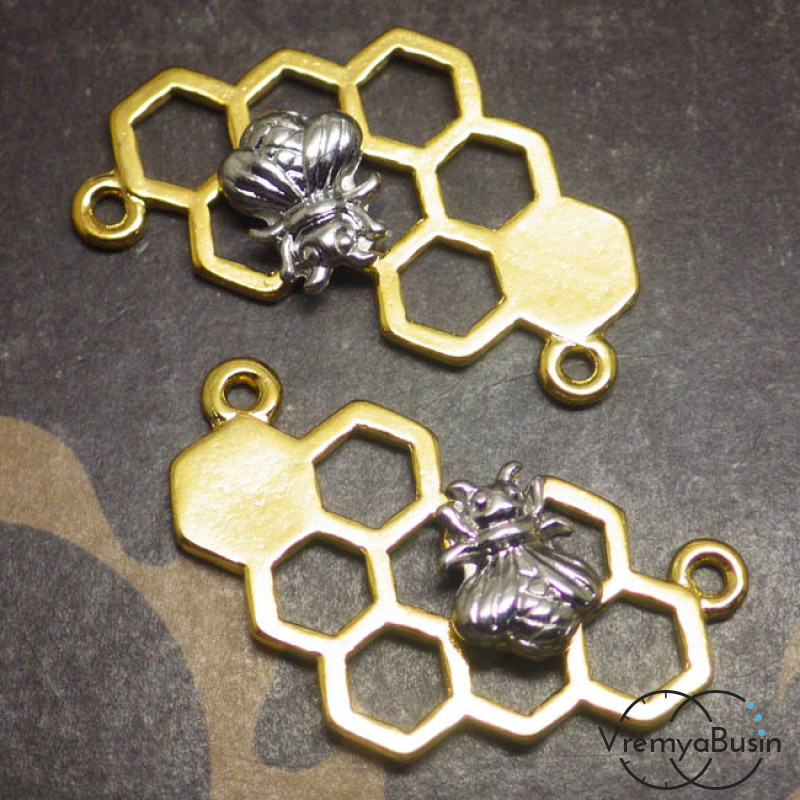 Коннектор металлический под золото "Соты с пчелкой" (1 шт.)
