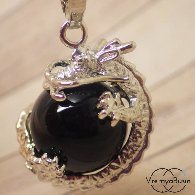 Агат чёрный,  кулон из камня "Дракон" с шаром 16 мм (1 шт.)