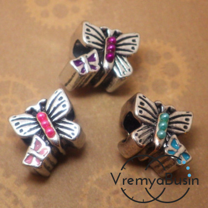 Бусина пандора с эмалью бабочки