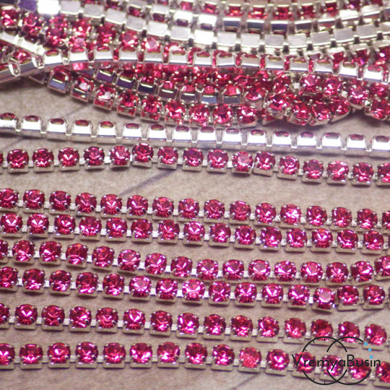 Стразовая плотная цепь SS6. Розовый в серебре (10 см.)