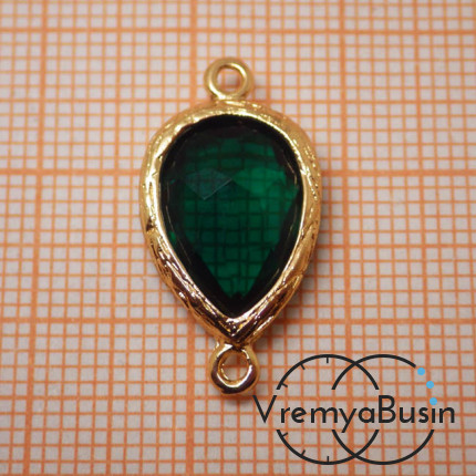 Коннекторы с граненым стеклом, капля 11х16 мм (2 шт.) цв. ИЗУМРУДНЫЙ В ЗОЛОТЕ