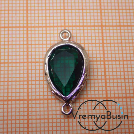 Коннекторы с граненым стеклом, капля 11х16 мм (2 шт.) цв. ИЗУМРУДНЫЙ В СЕРЕБРЕ