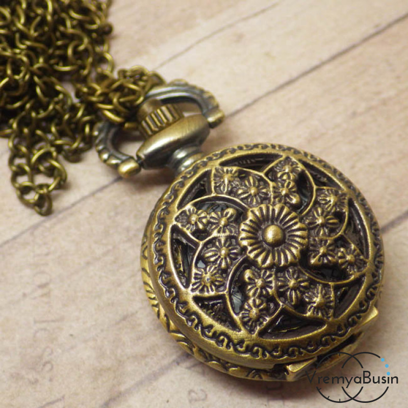 Часы карманные с цепочкой "Цветок", цвет бронза