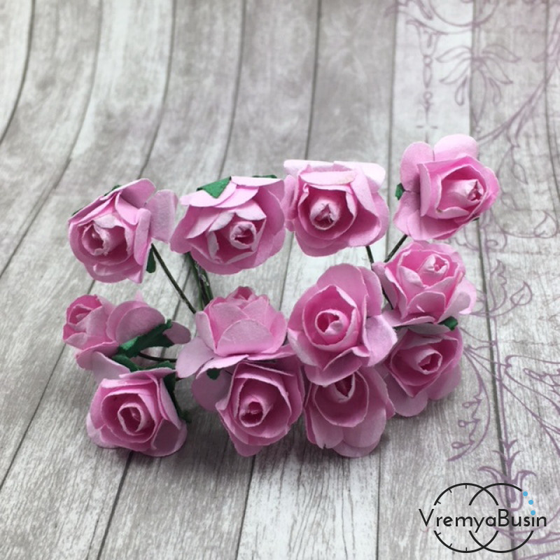 Цветы из бумаги, букетик роз, 10 мм цв. РОЗОВЫЙ (12 шт.)