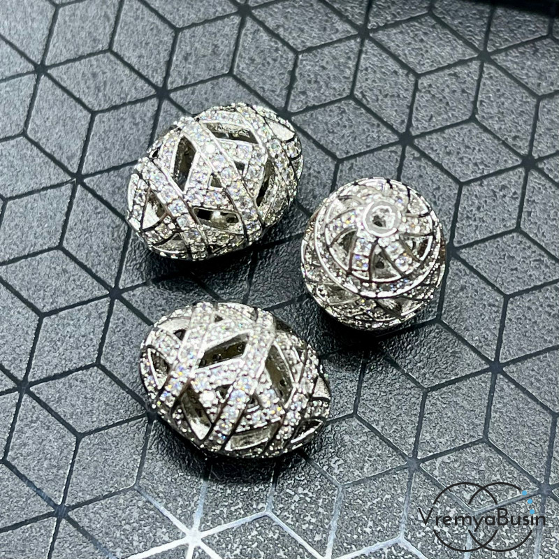 Бусина с фианитами, бочонок 12х16 мм, латунь с родиевым покрытием (1 шт.)