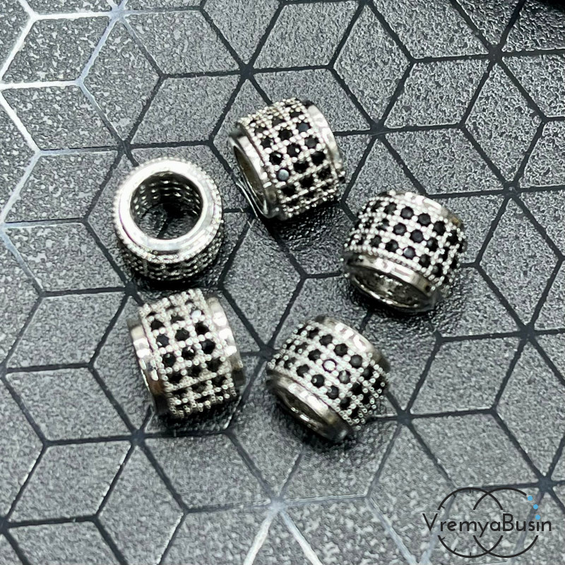 Бусина с фианитами, кольцо 6х8 мм,  латунь с родиевым покрытием (1 шт.)