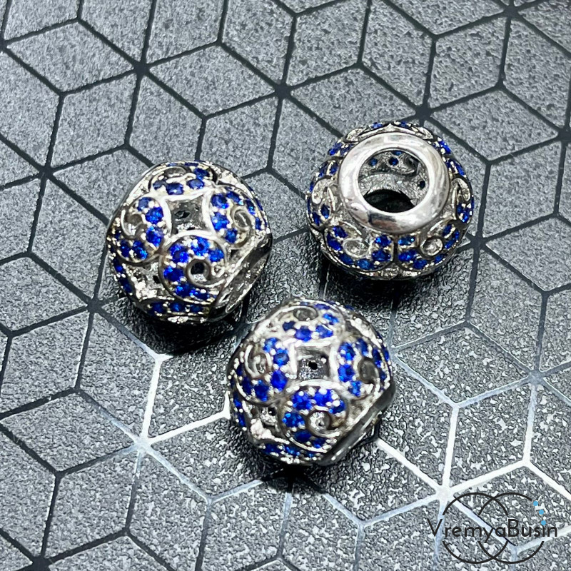 Бусина с фианитами, 10х12 мм, латунь с родиевым покрытием (1 шт.)