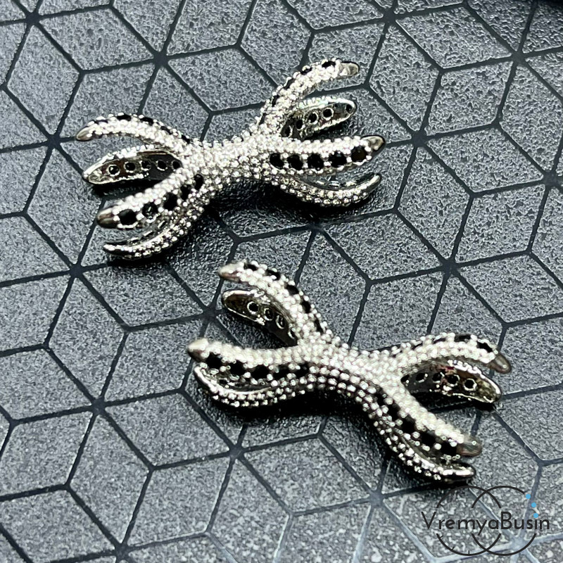 Бусина с фианитами, лапа 20х8 мм, латунь с родиевым покрытием (1 шт.)