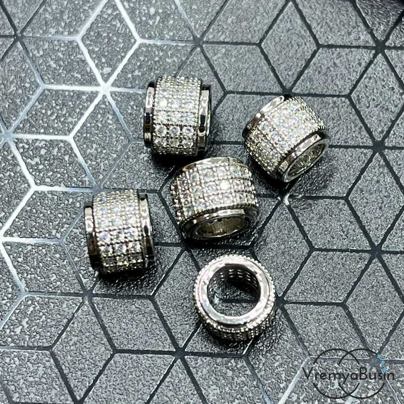 Бусина с фианитами, кольцо 6х8 мм,  латунь с родиевым покрытием (1 шт.)