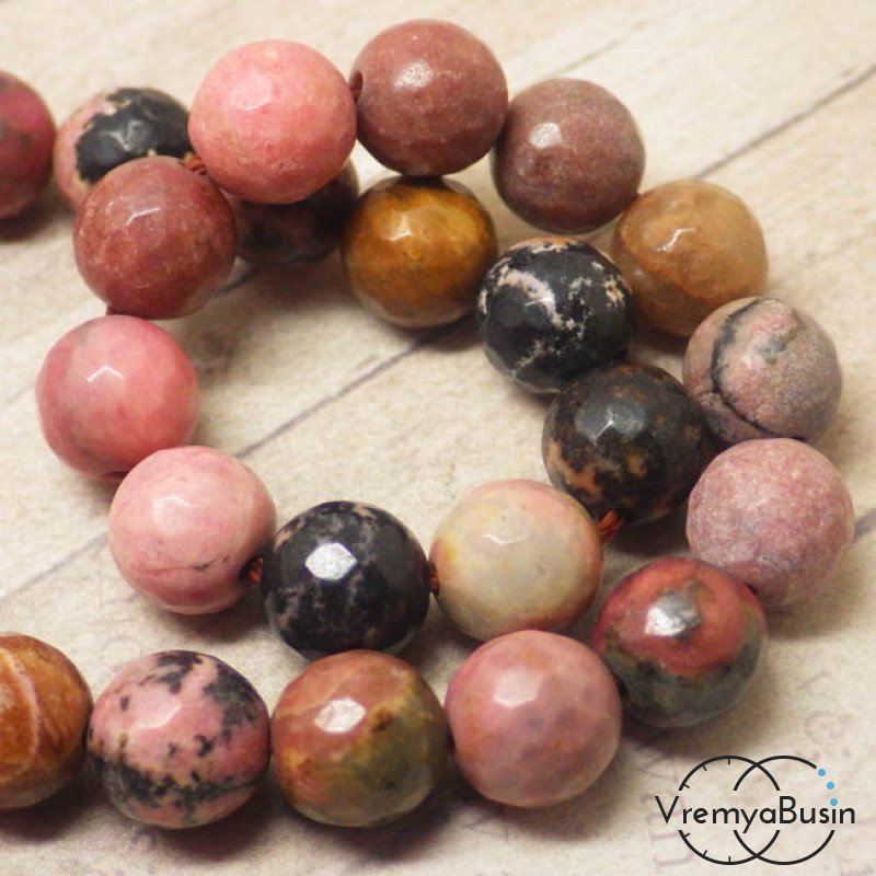 Родонит, шарик граненый 12 мм (нить, 33 шт.)