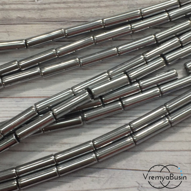 Гематит, трубочка гладкая ок. 4х14 мм, цв.  серебро (нить, ок. 28 шт.)