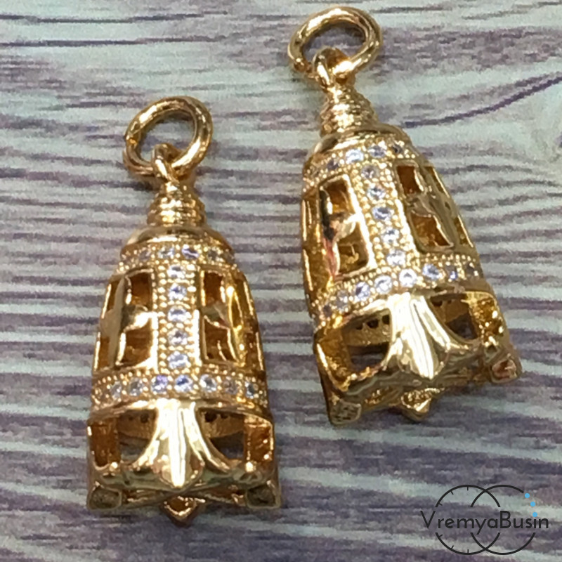 Шапочка-концевик с фианитами, латунь с позолотой (1 шт.)