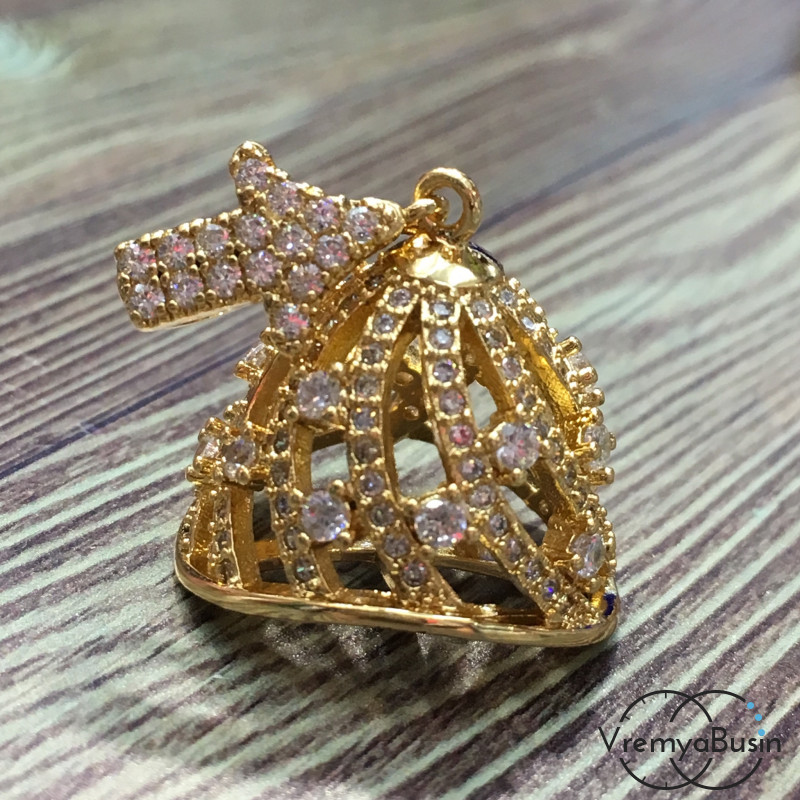 Шапочка-концевик с фианитами, латунь с позолотой (1 шт.)