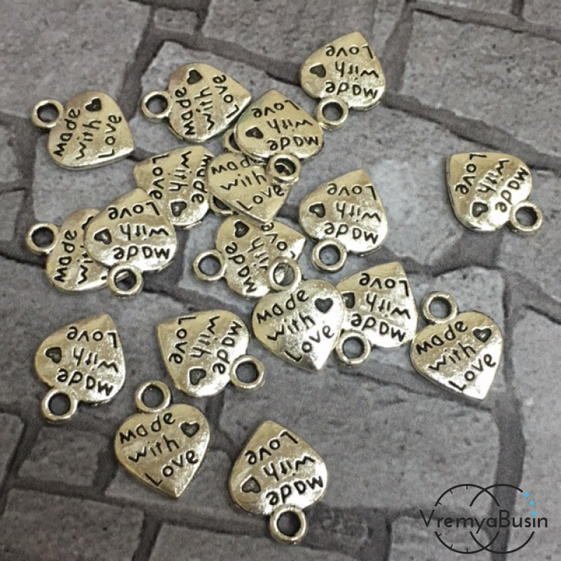 Сердце "Made with love". Подвески металлические цв. серебро (5 шт.)