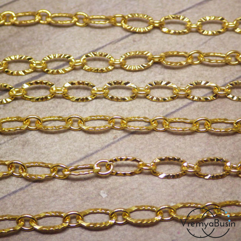 Цепочка металлическая, цвет золото, звено овальное с насечкой 5х7 мм (10 см.)