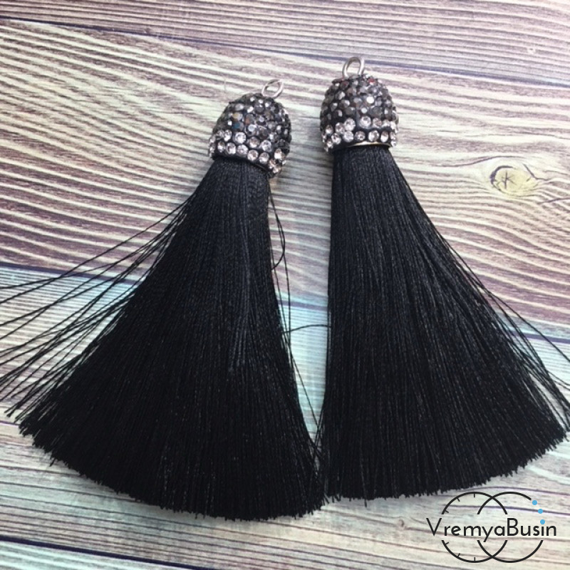 Подвески-кисточки из шелковой нити в шапочке со стразами, цв.  ЧЕРНЫЙ (2 шт.)