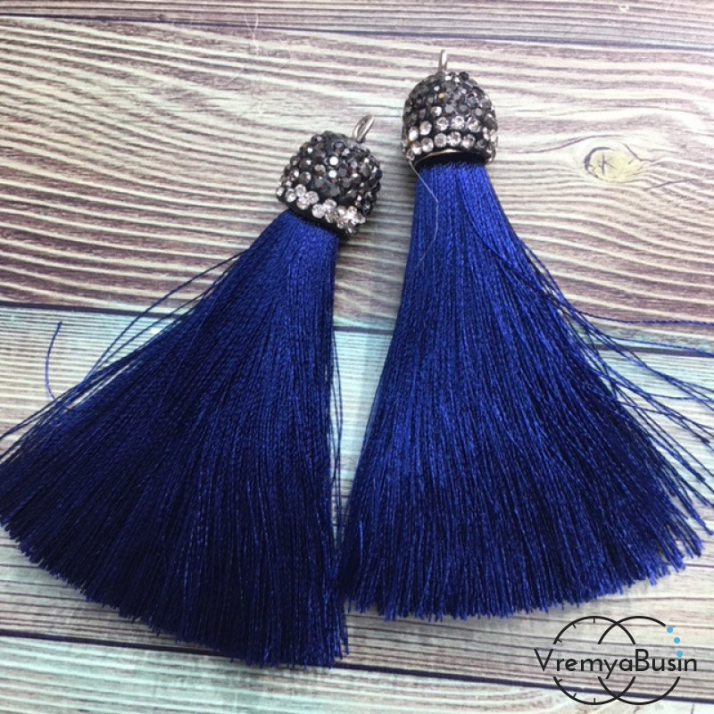 Подвески-кисточки из шелковой нити в шапочке со стразами, цв. ТЕМНО-СИНИЙ  (2 шт.)