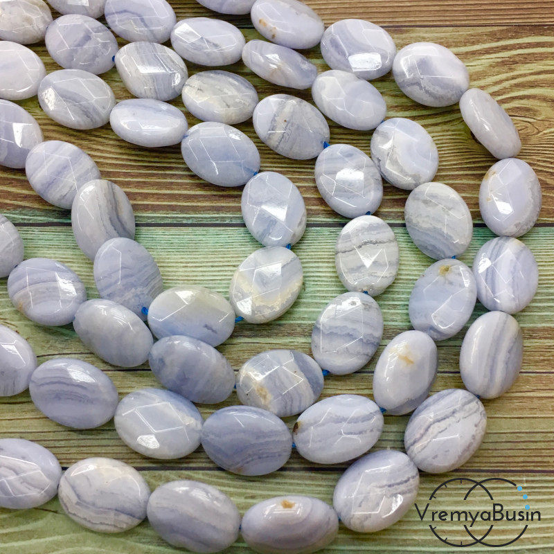 Сапфирин, натур. голубой агат, овал плоский граненый, 12х16 мм (1/2 нити, 12 шт.)