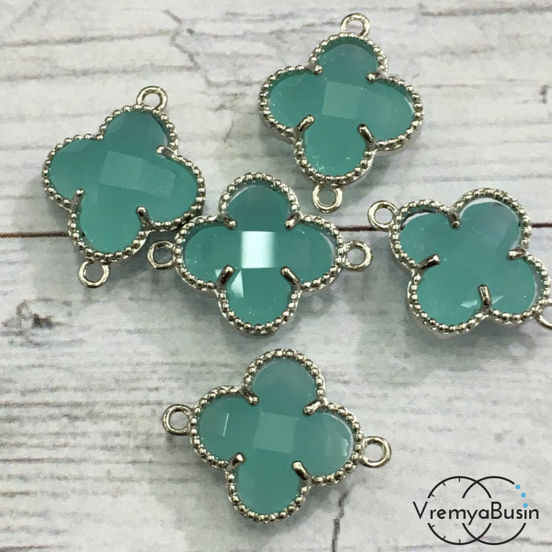 Коннекторы с граненым стеклом 11х15 мм, цв. МЯТНЫЙ МАТОВЫЙ В СЕРЕБРЕ  (2 шт.)