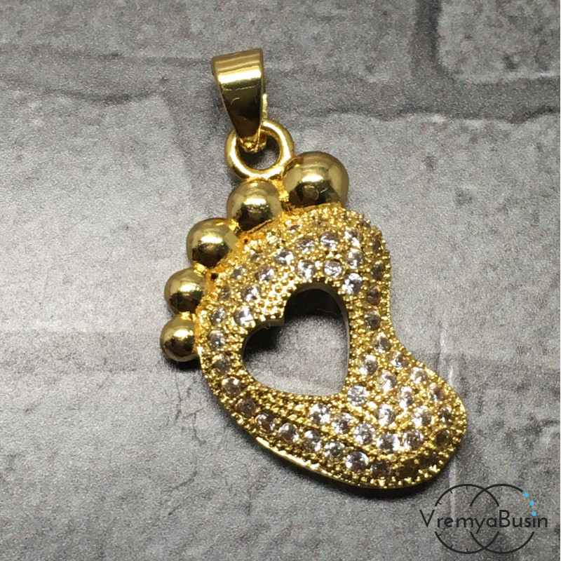 Подвеска с фианитами "След", 12х24 мм, латунь с позолотой (1 шт.)